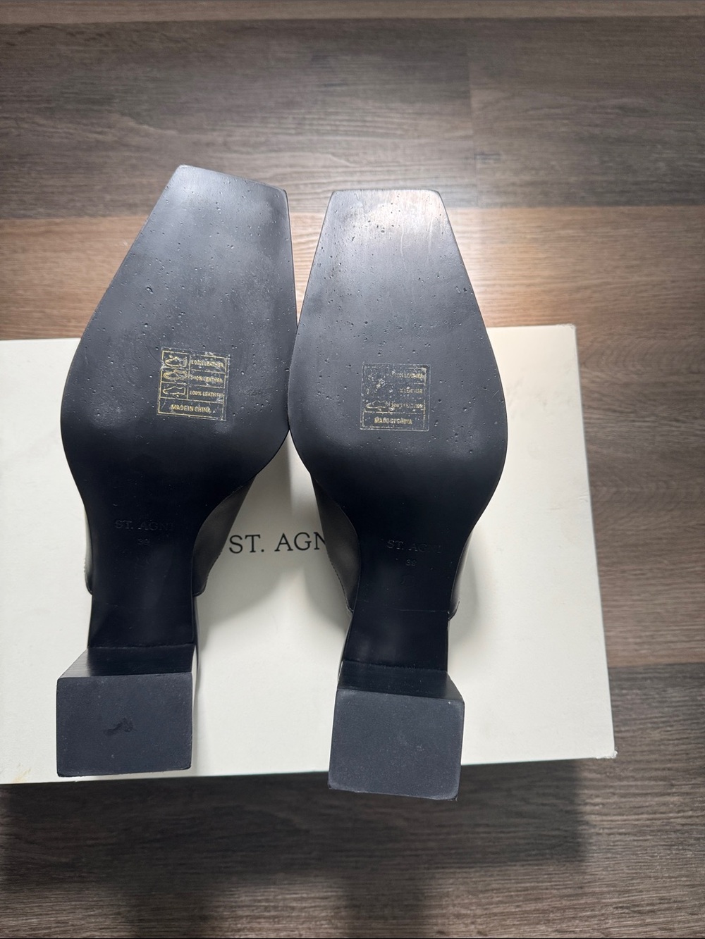 St. Agni Black Leather Square-Toe Block Heel Mules - Picture 3 of 7